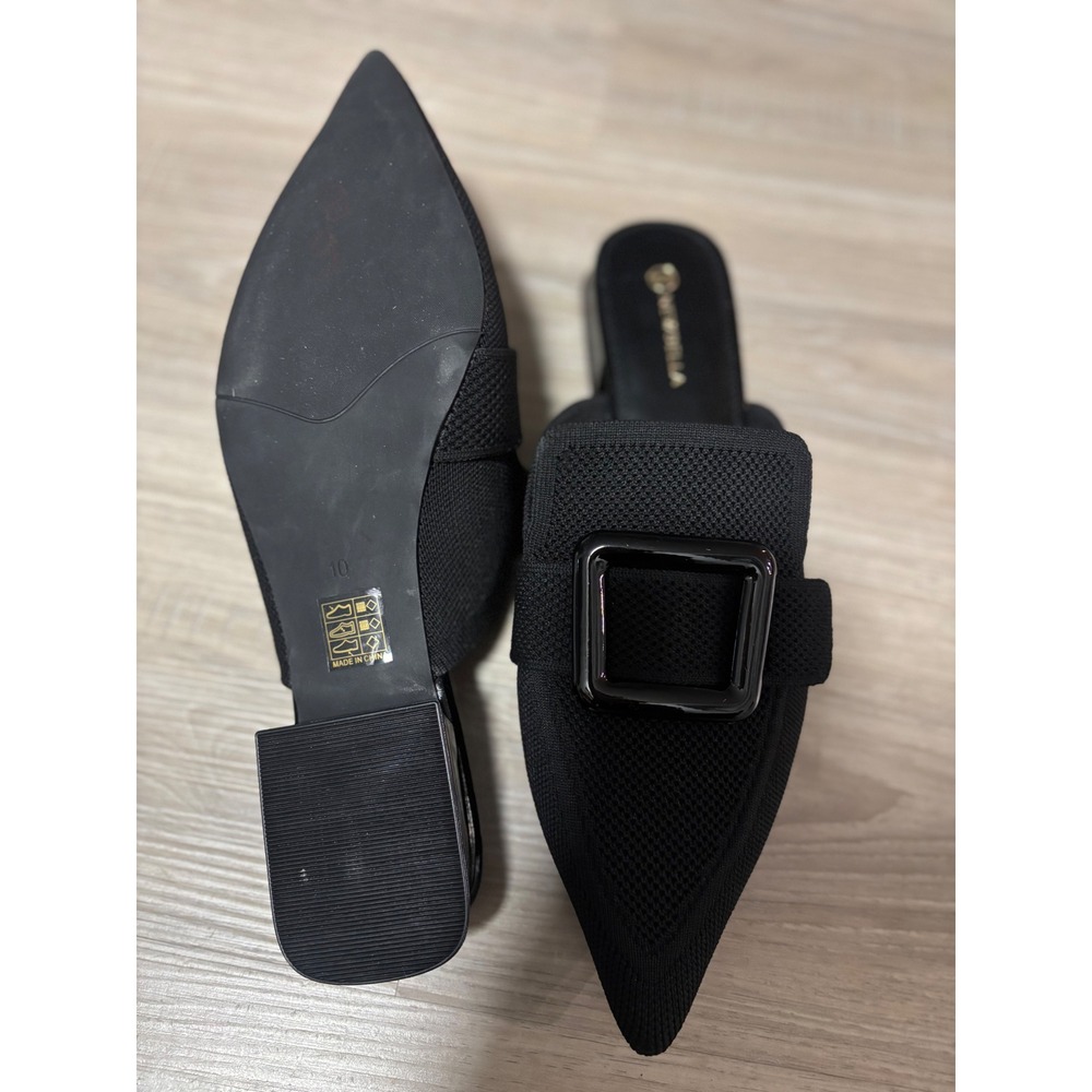 Newbella Black Knit Pointed Toe Mules Buckle Low Block Heel Loafers Womens 10 - Picture 3 of 5